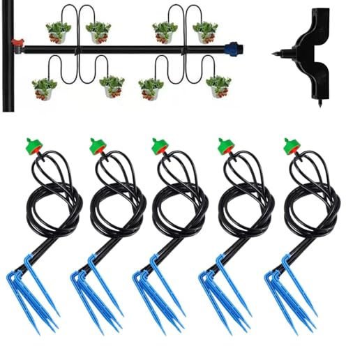 UCLEVER Paquete de 5 emisor y kit de riego para invernadero Pila de gotero inclinada de 4 direcciones con límite de flujo y tubo de 40 cm para riego y riego precisos de invernaderos