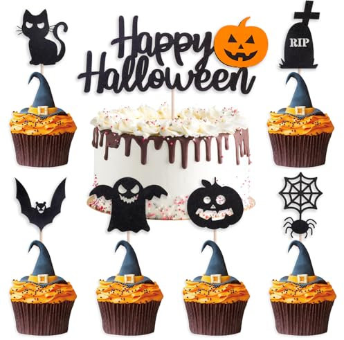 DazzJoy Happy Halloween Cake Topper,Glitzer Halloween Deko,7 Stück Halloween Tortendeko,Fledermaus Muffin Deko,Halloween Cupcake Toppers Grabstein,Halloween Party Deko Ghost,Halloween Kuchendeko