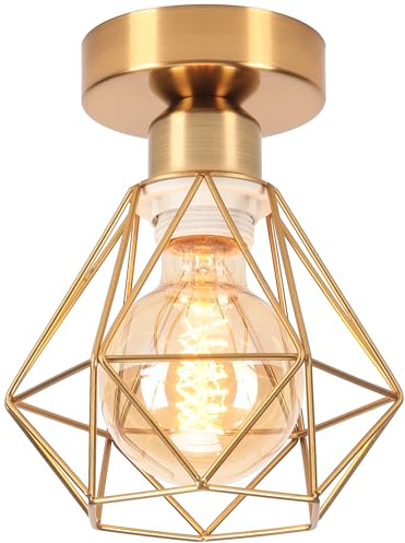 iDEGU Indistrielle Deckenleuchte 16cm Deckenlampe aus Metall Lampenschirm Gold Käfig Retro Kronleuchter E27 Vintage Pendelleuchte für Flur Eingang Küche Schlafzimmer