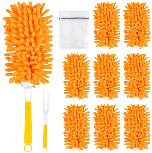8 plumeaux lavables pour Swiffer Duster, Recharge magnétique Anti-poussière, Chiffons réutilisables à 360° pour Balai à poussière Swiffer (avec 1 Manche et Sac à Linge)