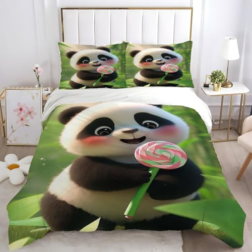 TMMDH Panda Completo Letto Singolo Caramella Microfibra Morbido e Traspirante Copri piumino 135x200 Bambino con Cerniera e 2 Federe 50x80cm