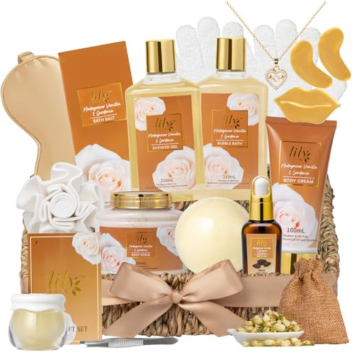 18Pcs Bath and Body Gift Basket Set for Women - Vanilla Spa Baskets Spa Kit with Necklace | Perfect Gifts for Christmas, Valentines Day, Mothers Day, Birthday Gifts, Self Skin Care Gifts for Her/Mom