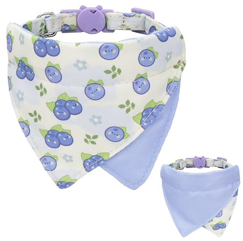 Gyapet Katzenhalsband mit doppelseitigem Bandana-Schal, einfarbig und Obstmuster, Glockenanhänger, abnehmbare Sicherheit, bezaubernd, Violett / Blaubeere