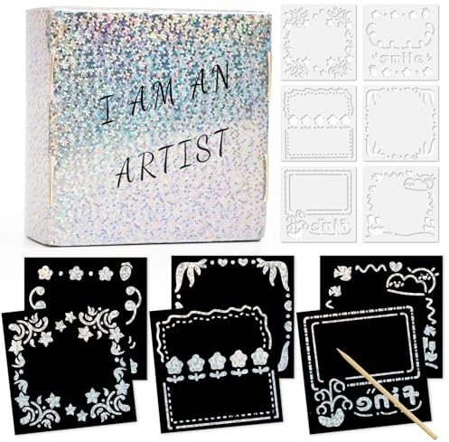 OPUHOHR 100 Blätter Scratch Painting Scratch Art, Silber Holographisch Scratch Art Notebook mit Schablonenlinealen Holzstiften, Kratzbilder Set für Kinder