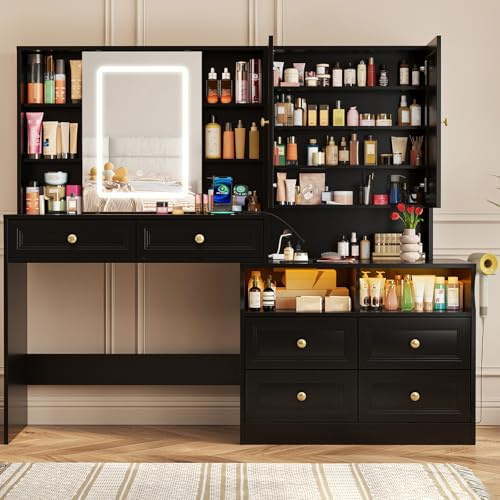 Vabches 58.6 Large Vanity Desk with Sliding Mirror & Lights, Black Makeup Vanity Table & Nightstand Combo with Power Outlet and 6 Drawers 15 Shelves with Light Strips for Bedroom Dressing Room