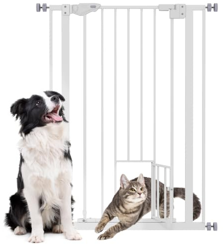 PawHut Cancellino per Cani Regolabile con Porta Piccola e Montaggio a Pressione, Barriera per Cani con Chiusura Automatica, 74-80x104.1 cm, Bianco