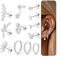 Adramata 12/14Pcs 16G Helix Piercings Chirurgenstahl Ohrringe Piercing Set Flatback Ohrstecker Ohr Piercings Knorpel Ohrringe Damen Helix Ring Gold Silber Conch Tragus Piercing Ohr Einzelner Ohrring