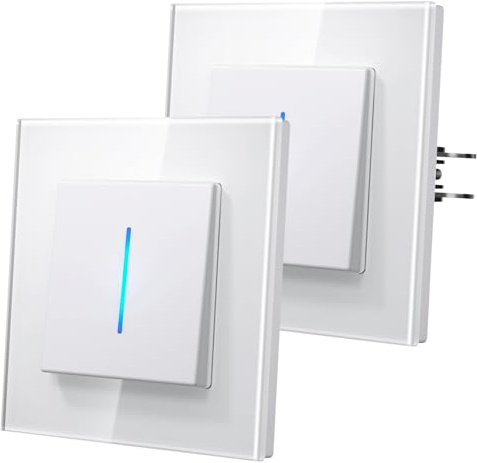 MVAVA Interruptores Conmutador con Garfio,Interruptor pared con Cristal,Basculante Con Pilotitos LED,Fácil Instalación,Conectores de Resortes,1 Gang 2 Vía-2 Paquetes,86mm Blanco