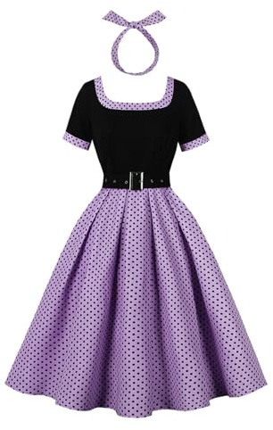 Odizli Robe d'été à manches courtes pour femme Rockabilly Vintage années 50 Polka Dot A Ligne Swing Longueur genou + Bandeau, lilas, S