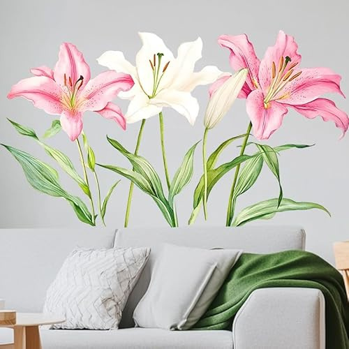 Adhesivo decorativo para pared con diseño de lirio rosa y blanco, 60 x 34 cm