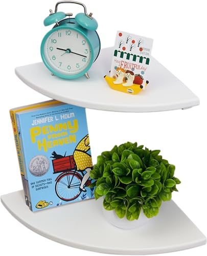 Conamily Floating Corner Shelves set of 2, White Corner Shelf Wall Mount with Wire Hole 10in Solid Pine Round End Floating Organizer Shelving for Bedroom, Kitchen, Living Room, Bathroom