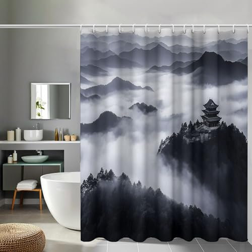 MULERN Shower Curtain Black White, Waterproof Resistant Machine Washable Mountains Landscape Bathroom Curtains, Polyester Clouds Temples Shower Curtains with 12 Hooks (180x180 cm(71x71 Inch) 2)