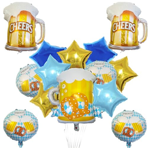 14 Stück Oktoberfest Luftballons Set, Brot Stern Bier große Größe Folienballons für deutsche Bier Festival Supplies Party Dekorationen Oktoberfest Dekor, blau weiß Plaids Theme Decor
