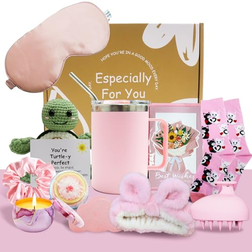 JISHSHAY 12 PCS Mothers Day Gifts for Mom Wife Women Teacher Appreciation Gifts, Women Self Care Spa Relaxation Shower Set Tumbler Scrunchies Sleep Mask Turtle Crochet Greeting Card Crew Socks - Pink
