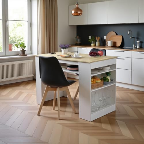 EGGREE Esstisch mit 2 Stühlen Essgruppe, Bartisch Set, Schreibtisch mit AC-Steckdosen und USB-Anschlüssen, 111cm Küchentisch mit 4 Ablagen für Wohnzimmer, Küche(Weiß Eichentisch+2 Schwarz Stühle)