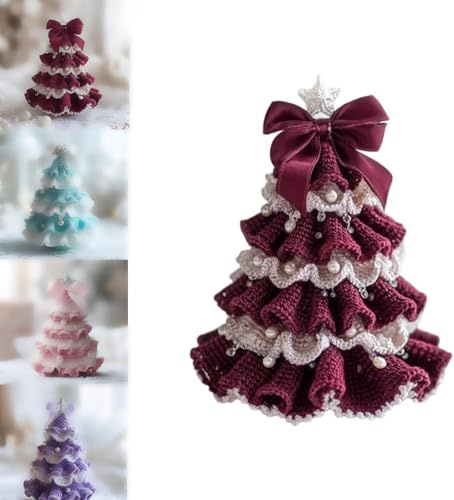 DIY Crochet Christmas Tree Kit - Handmade Holiday Decoration Set, Christmas Tree Crochet Craft Starter Set for Beginners,Tree Bow Pearl Embellishment,Christmas Party Crochet Decorations (Burgundy)