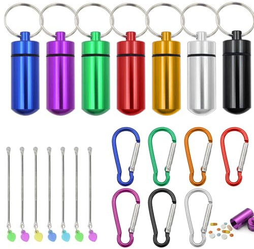 ZOCONE 7Pcs Aluminum Keyring Mini Pill Box Multifunctional Color Portable Pill Keychain for Travel, Business Trip, Camping with 7 Small Spoons and Carabiners Waterproof Tablet Keyring for Medicine