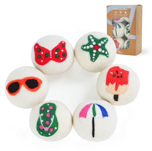 FUTURE FOOT Wool Dryer Balls XL Size 6 Pack - Fun Dryer Balls with Beach Pattern Cute Dryer Balls Laundry Reusable Anti Static Handmade New Zealand Wool Balls (Beach Pattern)