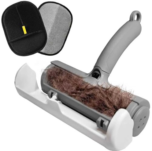 KUEIOX Pet Hair Roller Remover and 2 Pack Hair Removal Gloves Magic Brush,Dog Cat Hair Remover for Couch Furniture Carpet Clothing Bedding,Portable Fur Reusable Lint Roller Tool (Grey)
