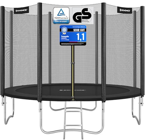 SONGMICS Trampolin 366 cm, Gartentrampolin für Kinder mit Sicherheitsnetz, Randabdeckung, Leiter, 180 cm hohe gerade Stangen, Stahlrahmen, schwarz STR121BZ01