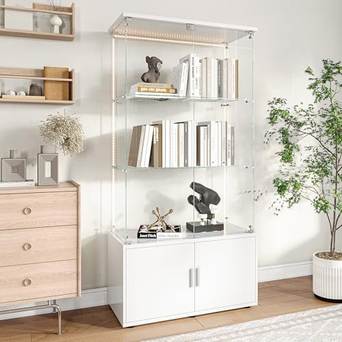 WSOFZMO Vitrine Glas, Glas Vitrinenschrank mit Tür und Schloss, Glasvitrine mit led Beleuchtung für Sammlungen, 3 Lagen Sammlervitrine, Standvitrine, für Schlafzimmer Büro (Weiß Lichtstreifen)