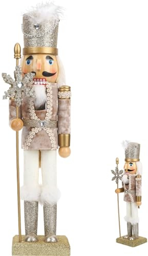 SAFIGLE Nussknacker Figur aus Holz 38cm Weihnachtsdekoration mit Goldfarbenem Schneekönig Handbemalt Festliche Deko für Zuhause und Party