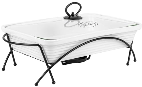 FESTA ITALIA Auflaufform Keramik mit Deckel - 2L - Lasagne Rechteckig Form Groß - Weiss Auflaufformen mit Ständer Tealight - Ofenform - Backform - Lasagneform - Casserole Dish - Großkeramik