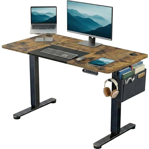 Blisswood Computer Standing Desk, Electric Height Adjustable 120 × 60cm, Sit Stand Office Desk with Memory Smart Panel, Industrial Design PC Gaming Metal Frame Table, Home Writing Workstation_Rustic
