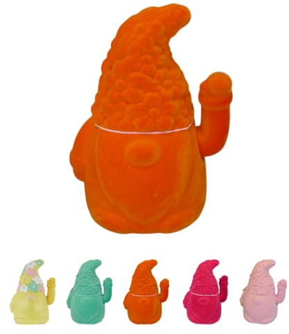 Winke-Zwerg mit Blumenmütze - Beflockte Deko-Figur Samt-Optik - Lustiger Gartenzwerg für Innen, Fensterbank & Büro - Batteriebetrieben - Modernes Design (Orange, Höhe: 18,5 cm)
