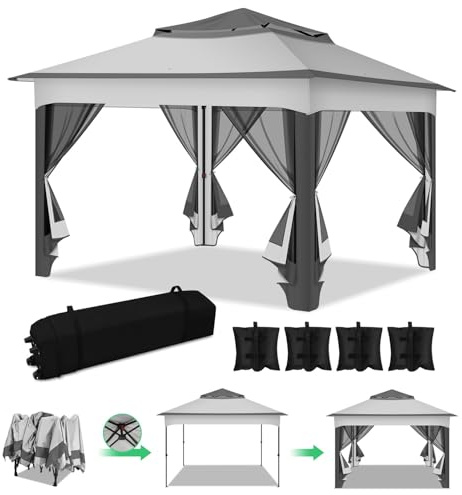 Monucep Trädgårdspaviljong 3 x 3 m, vattentät UV-beständig, paviljong med 4 sidodelar, justerbar höjd, stabilt festtält med sandsäckar och bärväska med hjul för trädgårdsfest, camping, grå