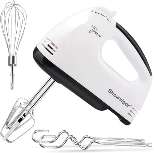 7-Speed Electric Hand Mixer, Handheld Electric Whisk with Turbo Boost, 304 Stainless Steel Beaters Dough Hooks & Whisk, One Button Eject Portable Food Mixer for Baking Cooking Cakes Dough Cream, White