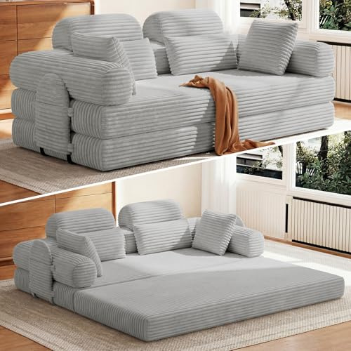 HOMRELEXA Schlafsofa 200cm Breit, Cord Boneless Couch mit Hohe Rückenlehne | Bodensofa Bed Abnehmbare Integrierte Kopf- und Lendenstütze, 2 Zierkissen, Seitentasche, Sofa mit schlaffunktion, Hellgrau