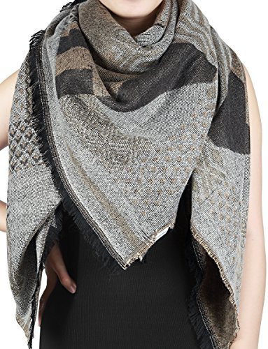 Annecy - großer quadratischer XL Schal/Tuch mit Fransen und gestreiftem Karo-Muster (Dunkelbraun-Khaki-beige)
