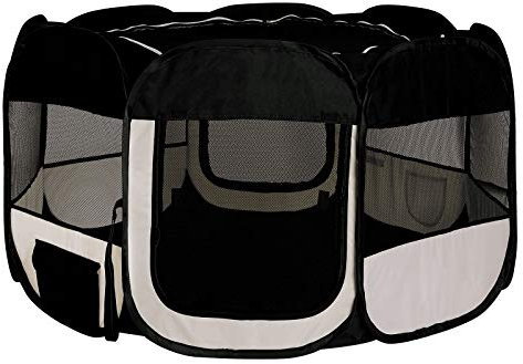 lionto Welpenauslauf faltbar aus Oxfordgewebe & atmungsaktivem Netzstoff, Ø 110cm, Höhe 64 cm, Laufstall für innen & außen mit 2 Eingängen, Pop-up-System, inkl. Tragetasche & Heringe, schwarz/beige