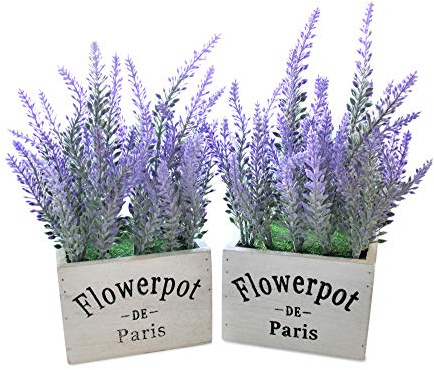 Butterfly Craze Artificial Lavender Plants in Rustic Wooden Planters - Lifelike, Stunning Faux Silk Purple Flowers Perfect for Elevating Your Patio, Home Décor, or Office (Set of Two), White Wood