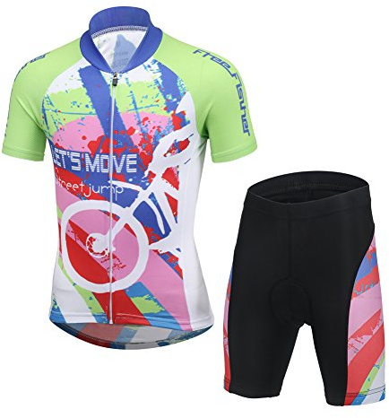 YFPICO Kinder Radtrikot Set Fahrrad Trikot Kurzarm + Radhose mit Sitzpolster Radsport-Anzüge Jungen Mädchen Fahrradbekleidung, Rot + Grün, 146
