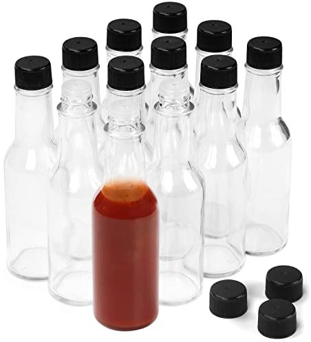 Belle Vous 12 Pack Clear Glass Hot Sauce Bottles - 150ml / 5oz - Condiment Bottles with Dripper Inserts and Airtight Screw Caps for Hot Sauces, Oil, Liquor, Vinegar, Salad Dressings, and More