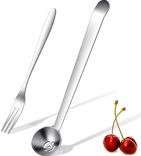 2 Pieces Olive Spoon Strainer Stainless Steel Pickle Forks Set Pick Jar Spoon and Fork Cherry Spoon with Drain Hole Jar Serving Spoon Tools for Onion, Caper Slotted Spoon