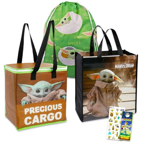 Disney Baby Yoda Carrier Bag Set - 3 Pack Star Wars Grocery Bundle Featuring The Mandalorian and Stickers! | 1 Tote, 1 Cinch and 1 Cooler Bag