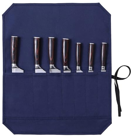 Kaaltisy Gewachstes Canvas-Messer-Rolltasche mit 7 Schlitzen für Messer und Besteck, Küchenmesser in einen ordentlichen Zustand bringen, Blau