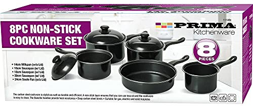 8pc Non Stick Cookware Set | Milkpan Saucepan Kitchen Cook Pan | Glass Lids | Carbon Steel |Milk Pan Cooking | Heat Resistance Bakelite Handles - 8 Piece