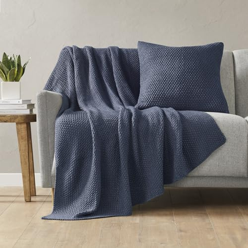 INK+IVY Bree Knit Throw Premium Soft Texture Cozy Summer Blanket, Lightweight, Breathable Cover, Trendy Cottage Lifestyle for Couch, Bed, Living Room Décor, 50x60, Indigo