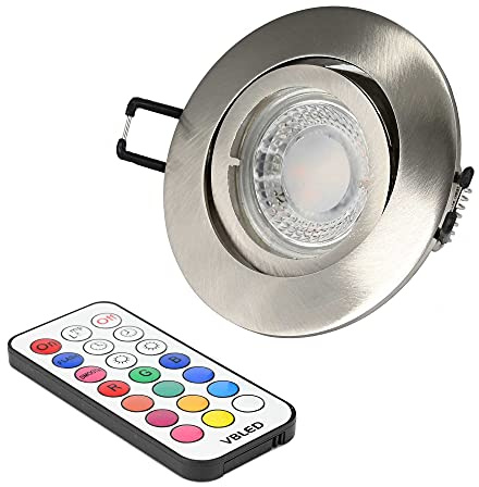 VBLED® Einbaustrahler Set mit 7W RGB+W Spot Leuchtmittel,12V AC/DC, MR16/GU5.3 Fassung Dimmbar inkl. Fernbedienung und Einbaurahmen in silber Optik gebürstet rund schwenkbar…