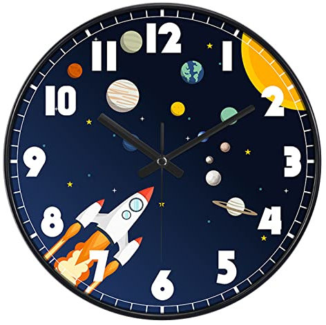 Wanduhr Kinder Lautlos, 30cm, Kinderwanduhr, Astronaut, Rakete, Weltraum Kinderuhr als Lernuhr, Wanduhr mit Ziffernblatt zum Lernen, Kinder Uhr für Jungen und Mädchen (30cm Schwarzer Rahmen,A179)