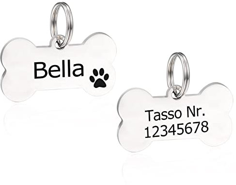 Hundemarke mit Gravur Knochen Hundeanhänger Adressanhänger Tiermarke aus Edelstahl Personalisiert ID Tag Namensschild für Halsband mit Name, Symbol und Telefonnummer (M, Silber)