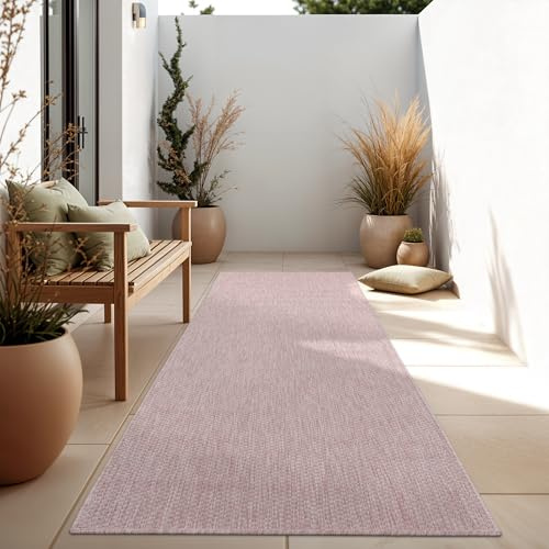 Paco Home Outdoor Teppich, Wetterfest Pflegeleicht Küchenteppich Ideal für Terrasse Balkon Garten, Flachgewebe Sisaloptik Modern Einfarbig meliert, 80x250 cm Läufer, Pink