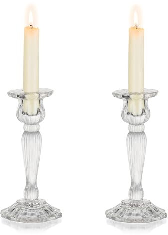Nuptio Glass Taper Candle Holder: Set of 2 Clear Candle Holders for Candlestick, Tapered Candles & Holders for Long Candles Stick Tall Wedding Birthday Party Dinner Table Centerpieces Decorations