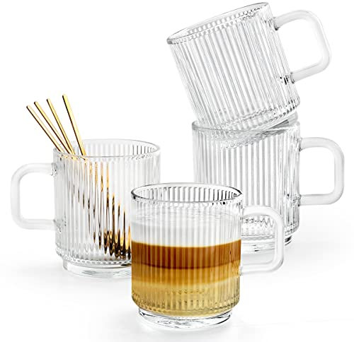 Gutsdoor Clear Glass Coffee Cup Set of 4, 12 Ounces Classical Vertical Stripes Glass Tea Cup with Spoon for Latte, Espresso, Cappuccino, Tea