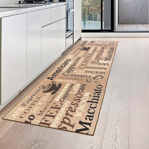 Teppich-Traum Küchenläufer Küchenteppich Love Coffee Beige Braun 80x300 cm | Pflegeleicht, schmutzabweisend, strapazierfähig, rutschfest und allergikerfreundlich, für Küche, Flur und Frühstücksecke
