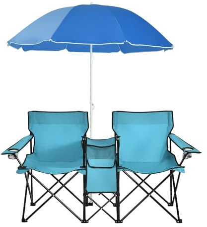 GOPLUS Silla de Camping 2 Plazas con Sombrilla, Sillón Doble con Bolsillo, Portavasos y Bolsa de Transporte, Silla Plegable Portátil para Playa Pesca Barbacoas Picnic (Turquesa)